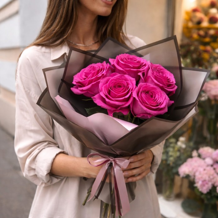 Букет 5 розовых роз 50 см