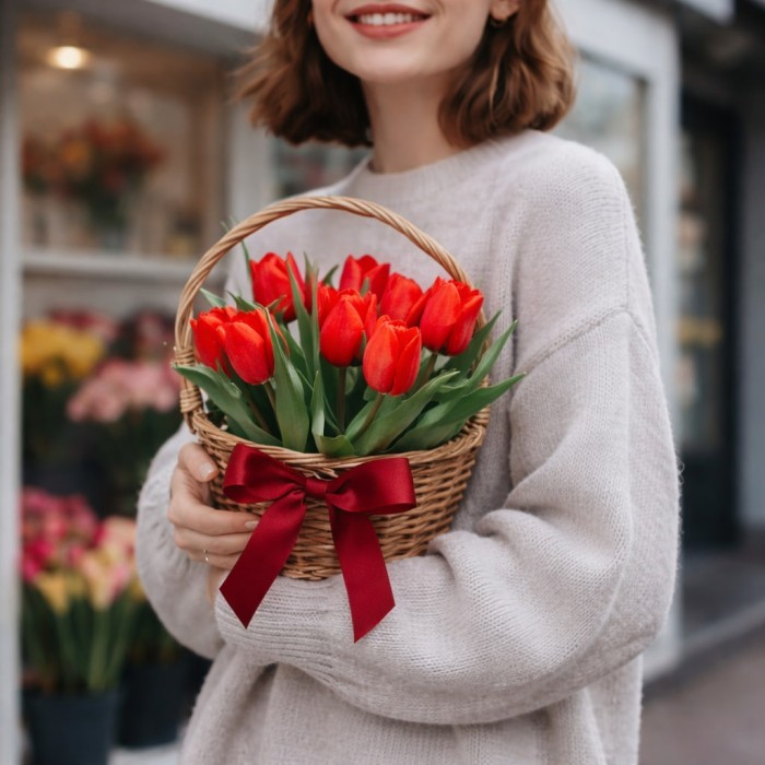 9 красных тюльпанов в корзине