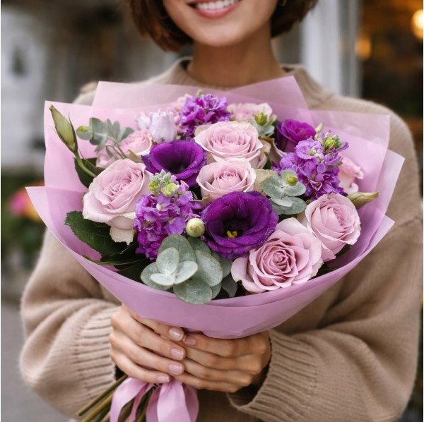 Фиолетовый букет из роз и эустом