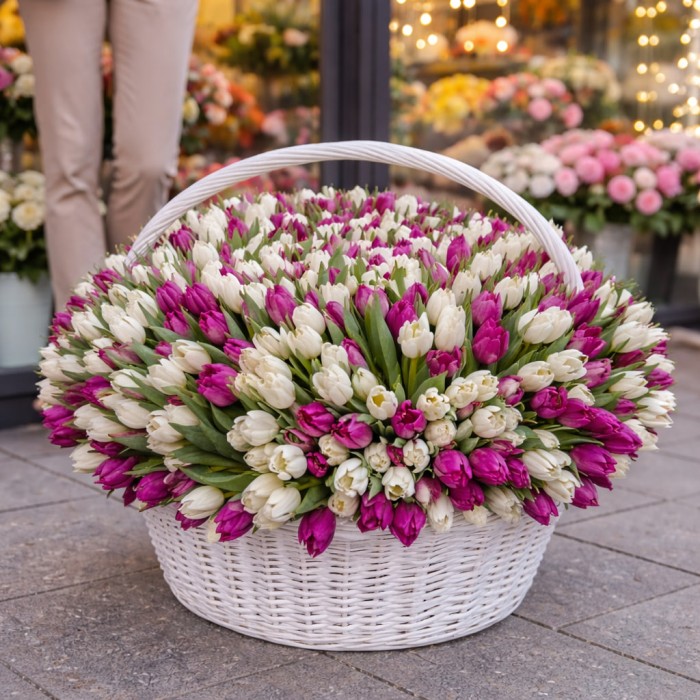 1001 бело-фиолетовый тюльпан в корзине