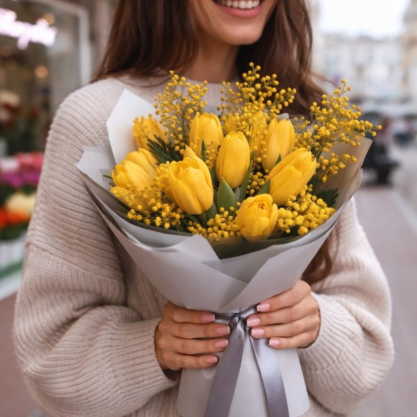 11 тюльпанов  с мимозой