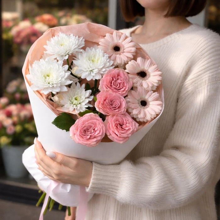 3 герберы с кустовой пионовидной розой и хризантемой