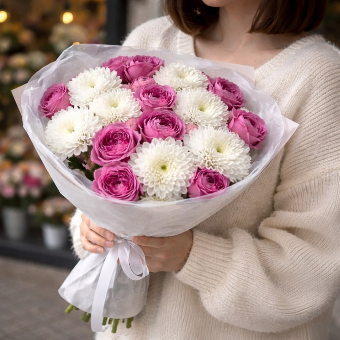 Букет 3 розы мисти баблс с белой хризантемой