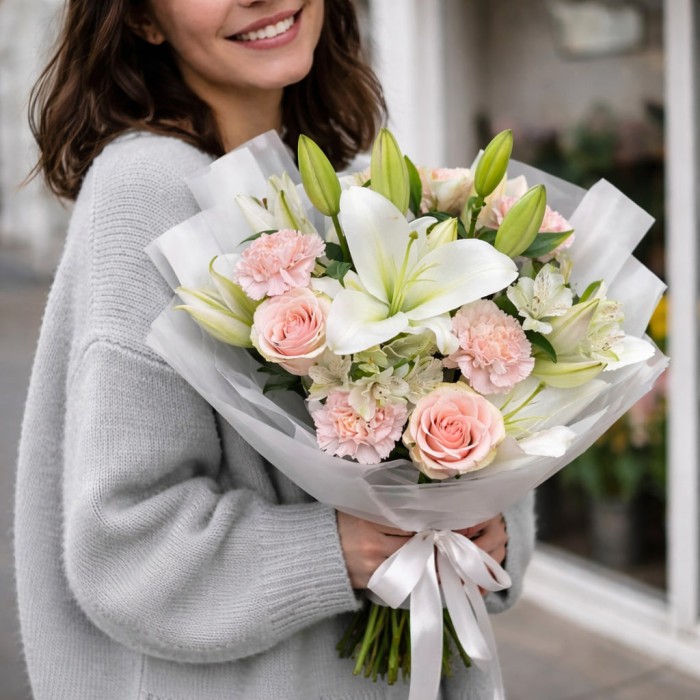 Букет 5 розовых диантусов с лилией и розой