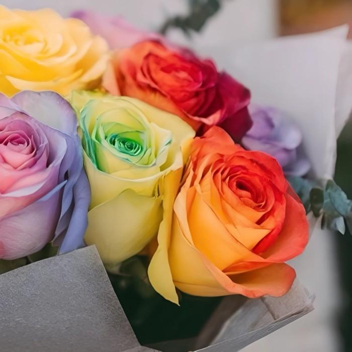 Букет 7 радужных роз с эвкалиптом
